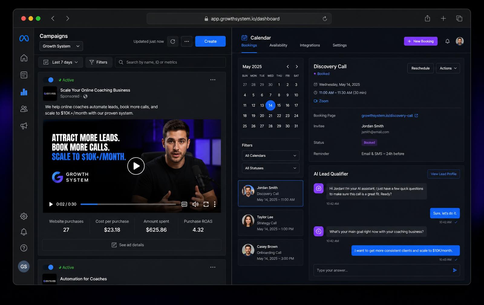 Your Calendar dashboard showing bookings, pipeline and AI conversations