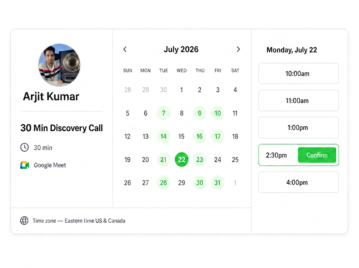 Public booking page with a calendar and available time slots